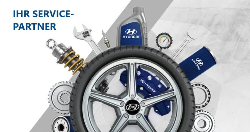 Symbolbild Service Partner - mit Autoreifen und rundherum diverese symbolische Grafiken für einen Servicebetrieb