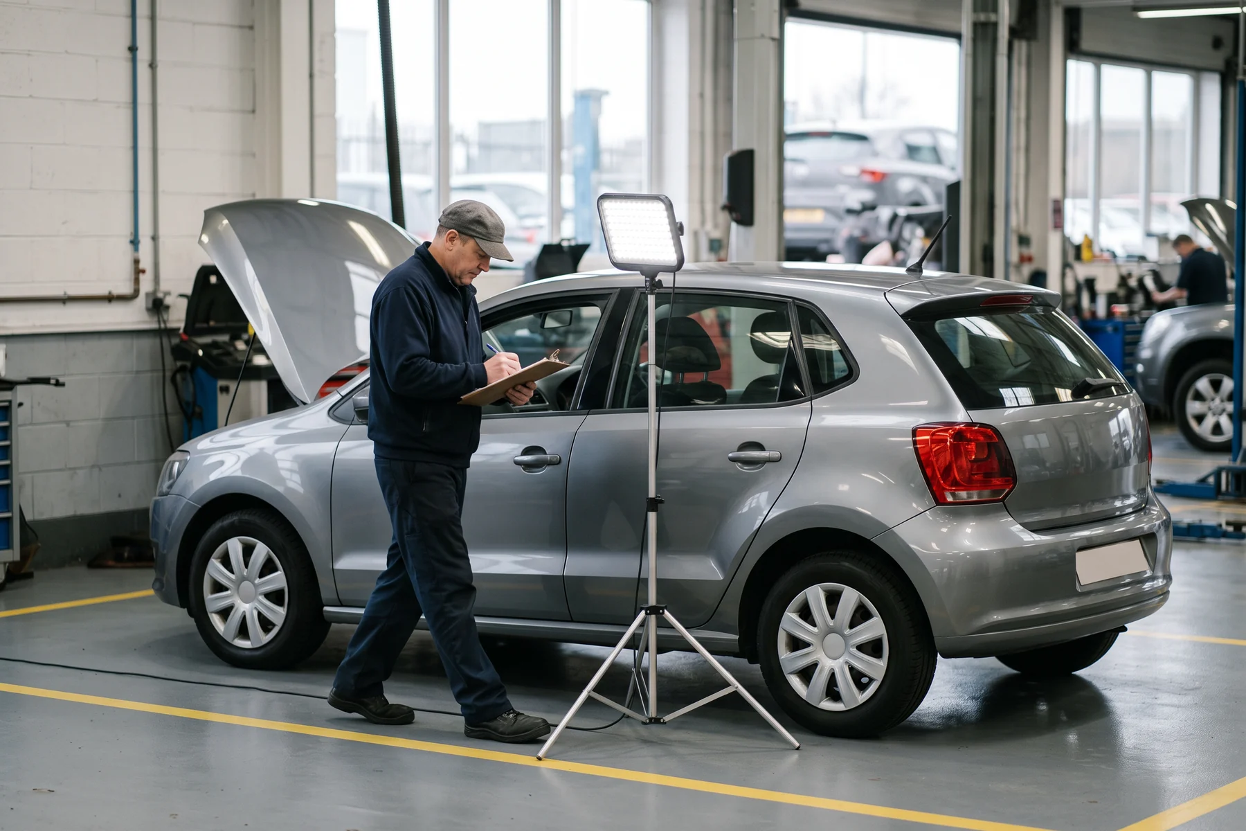 Techniker begutachtet ein Fahrzeug in der Werkstatt