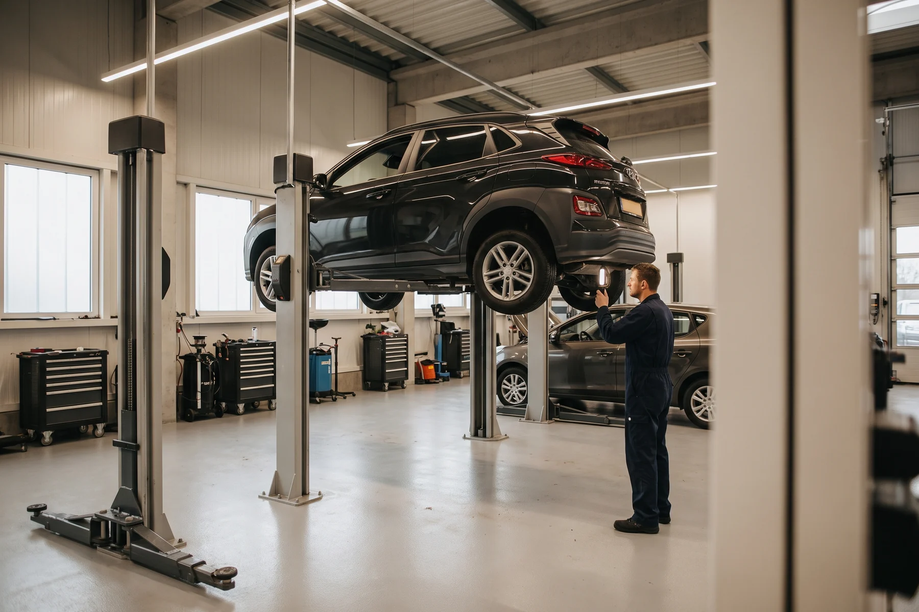 Fahrzeug auf der Hebebühne in der Werkstatt