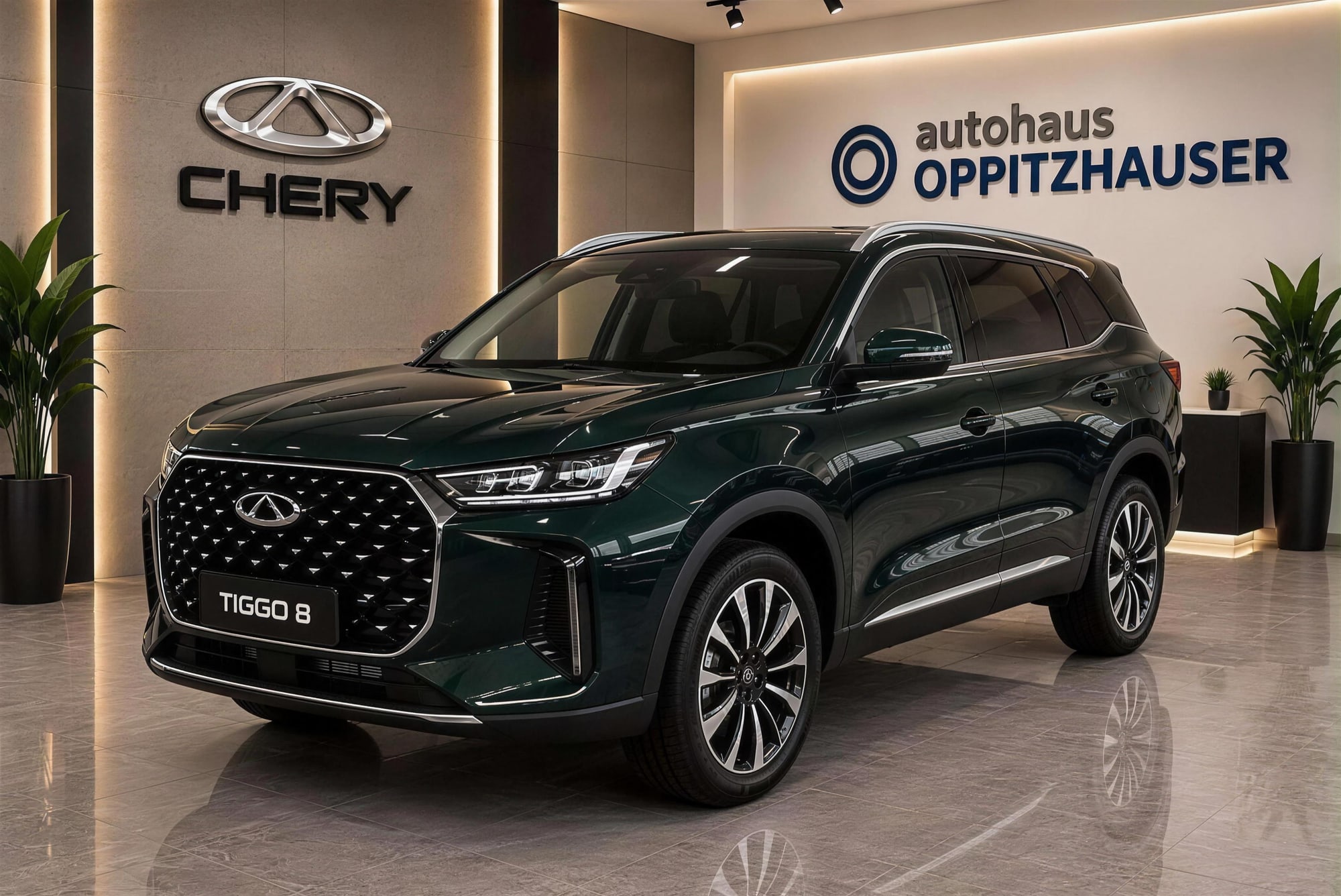 Chery in Dunkelgrün im Schauraum